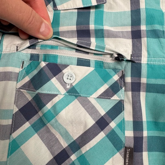 Simms Shirt Mens Medium Button Up Plaid Short Sleeve Zip Pocket Outdoors Fishing - Picture 4 of 9